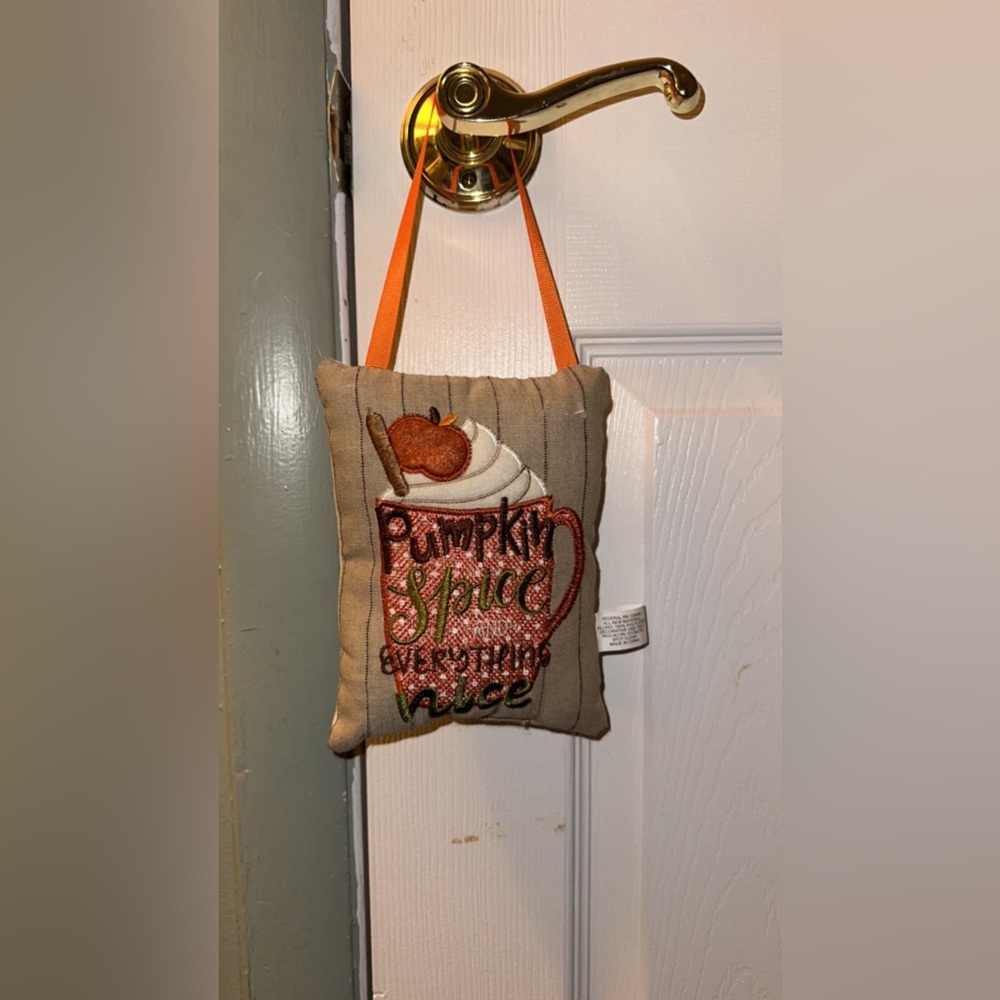 Pumpkin Spice Fall Pillow Hanger Cloth Decor Latte 5x7” Ribbon Hanger Mug